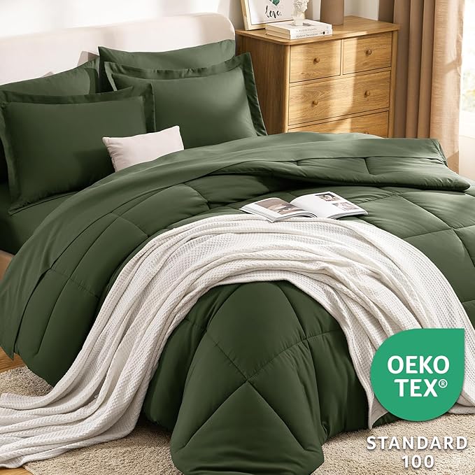 CozyLux Queen Comforter Set Olive Green - 7 Pieces Bed in a Bag Queen, All Season Breathable Bedding Sets,Oeko-Tex Certified Bed Set with Down Alternative Comforter, Sheets, Pillowcases & Pillow shams