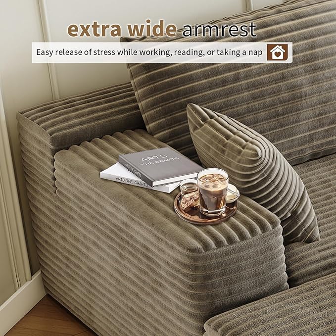 168.5" Modular Sectional Sofa, Oversized U-Shaped Minimalist Couches with 3 Middle Seats Chaise, Modern Deep Seat Convertible Sleeper Sofa, Cloud Plush Corduroy Fabric,7 Seater, Camel