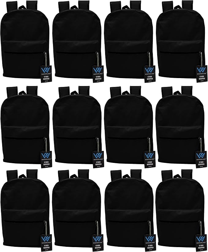 Winterlace 12 Pack Backpack, Bulk 17 inch Lightweight Outdoor Travel Gym Corporate Events Bag (Black)