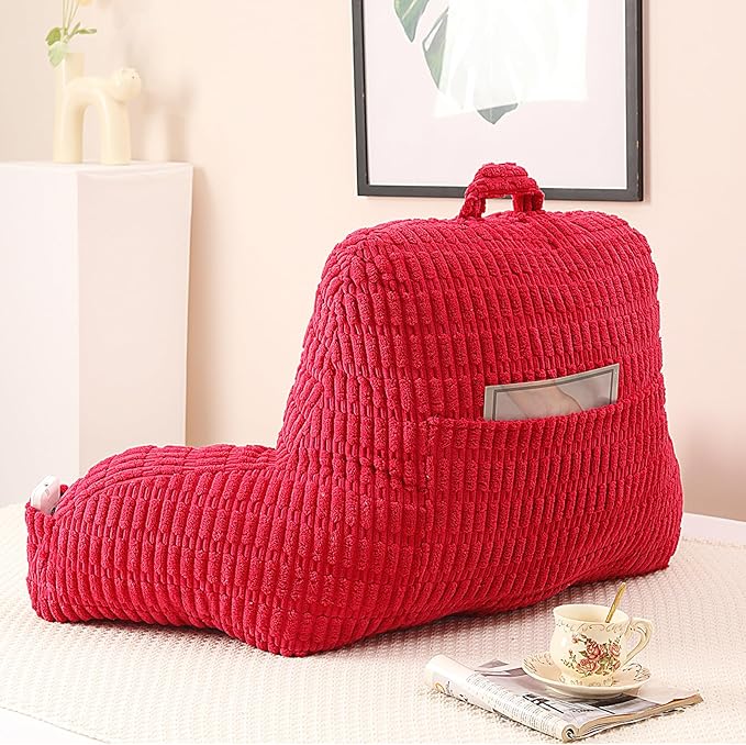 Reading Pillow for Sitting in Bed, Large Backrest Reading Pillow with Arm Rest,Back-Rest Support Cushion for Sit Up on Couch, Sofa, and Floor, Dorm Essentials (Red Corduroy, Large(19"))