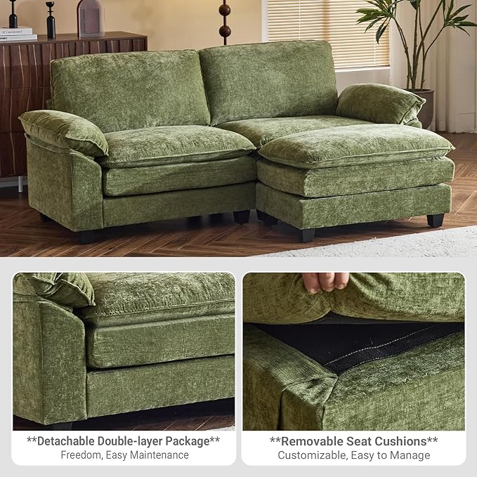 VINGLI 87" Convertible Sectional Sofa,L-Shaped Deep Seat Sofa Couch for Living Room,Modern 2-Seat Loveseat Sofa with Ottoman for Small Space(Olive Green)