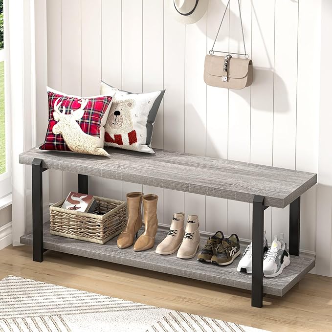 FOLUBAN Entryway Bench, Vintage Wood and Metal Shoe Bench for Hallway Front Door Entrance, Farmhouse Indoor Shoe Storage Bench Seat for Bedroom, Living Room, Light Grey, 47 Inch