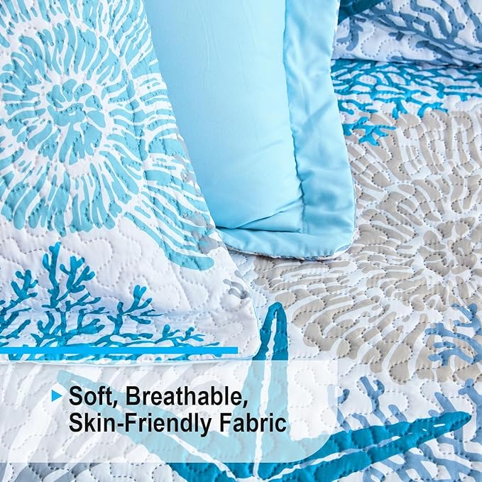 Tritard 3 Piece Coastal Quilt Sets King Size - Reversible Microfiber Quilts with 2 Shams Soft Lightweight Beach Bedding Nautical Bedspread Coverlet Summer Comforter Set for All Season, 106''x96''