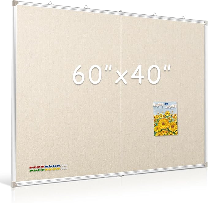 DOLLAR BOSS Foldable Linen Board, 60 x 40 Inch Corkboard, Large Bulletin Board, Portable Double Sided Aluminum Frame Wall Mounted Pin Board for Office School Dorm Supplies with 20 Push Pins, White