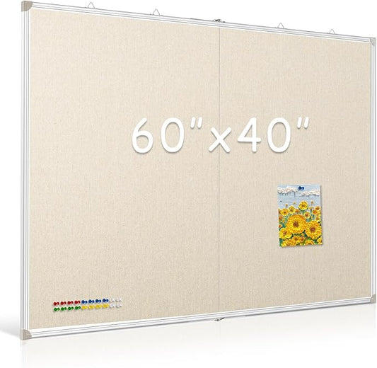 DOLLAR BOSS Foldable Linen Board, 60 x 40 Inch Corkboard, Large Bulletin Board, Portable Double Sided Aluminum Frame Wall Mounted Pin Board for Office School Dorm Supplies with 20 Push Pins, White