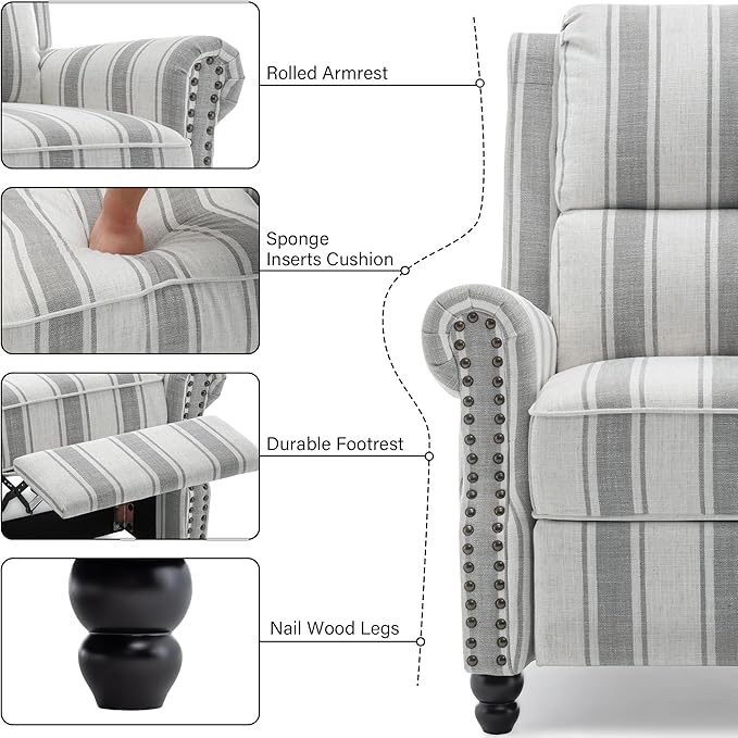 Recliner Chair, Modern Pushback Armchair with Adjustable Backrest & Footrest for Bedroom, Living Room (Grey Stripe,Set of 2)