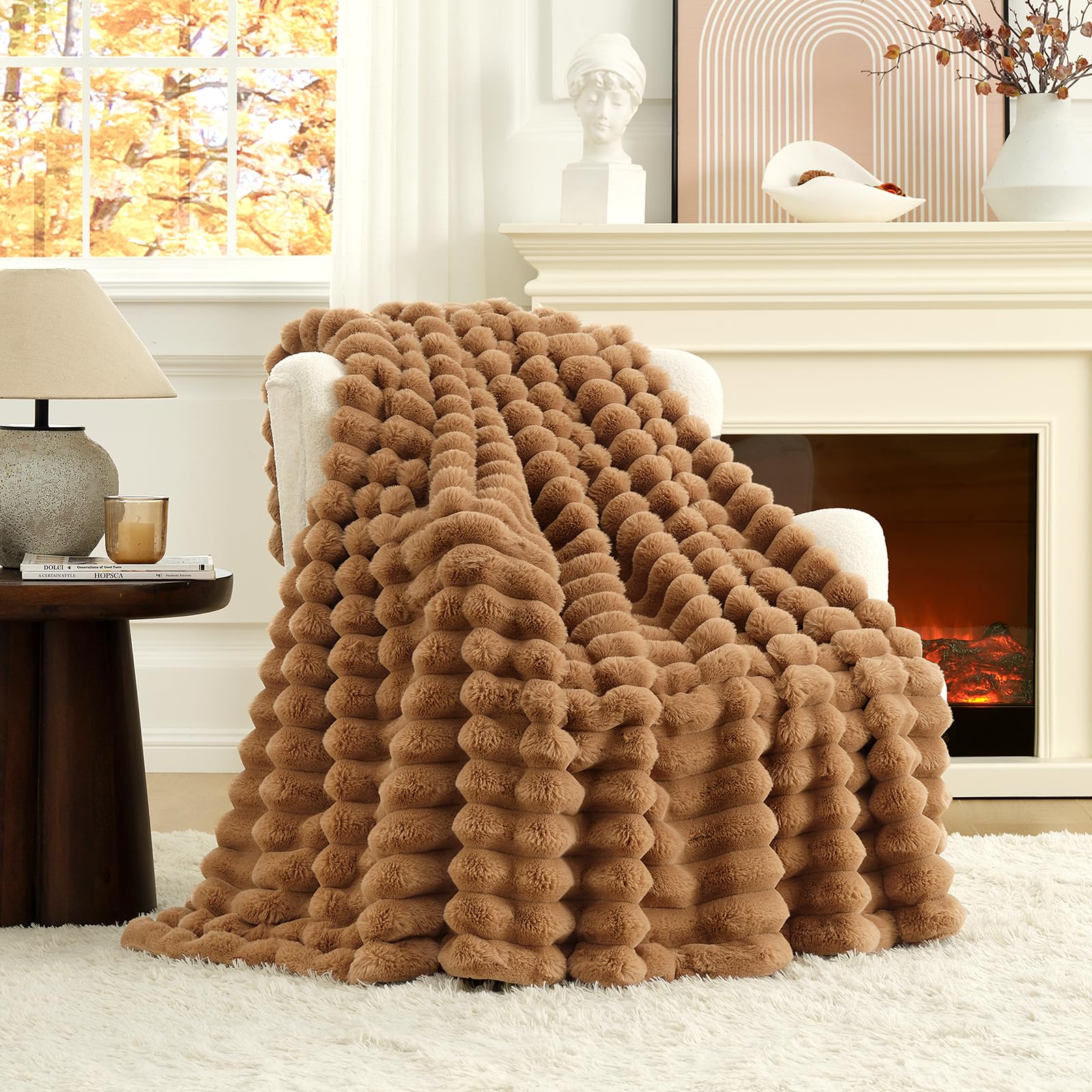 Cozy Bliss Faux Fur Throw Blanket for Couch, Cozy Warm Plush Striped Blanket for Sofa Bedroom Living Room, 50 * 60 Inches Sage Green Dormly