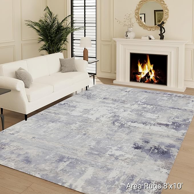 RCTJHOME 8'x10' Washable Area Rugs for Standard Sofa Living Room/Queen Bedroom, Ultra Soft Non-Slip Accent Large Carpet, Dining Room, Home Office, Low Pile Vintage Rug Light Grey White Watercolor