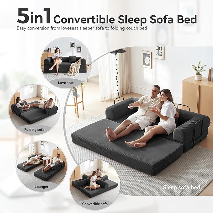 Convertible Sleeper Bed with Cylindrical Pillow, Comfy Foldable Bed Compressed Sofa in Box, Floor Sofa Lounge Couch for Living Room Bedroom Lounge Studio, Tool-Free Assembly (Black)