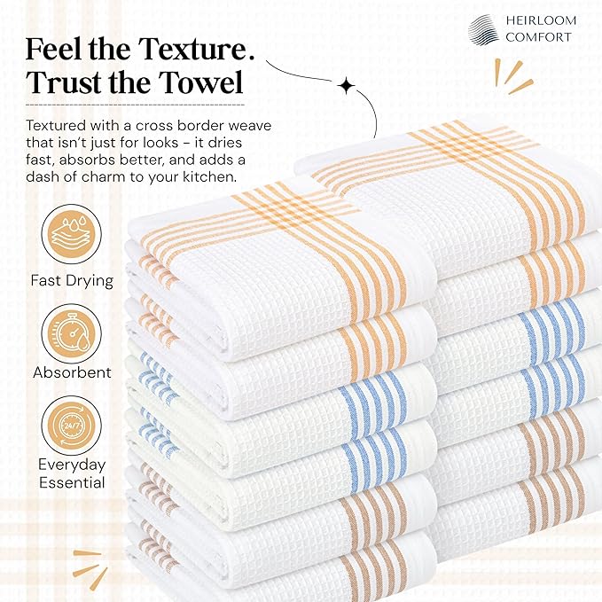 Multi White Waffle Kitchen Towels 12 Pack, 100% Cotton, 16x26 Inch, Ultra Absorbent, Fast Dry Dish Towels, Reusable Dishcloths for Drying, Cleaning, Mustard Yellow, Sky Blue, Brown