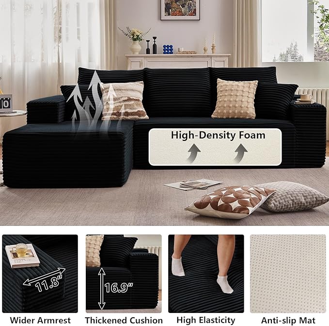 107" Modular Sectional Couches for Living Room, Comfy Boneless L Shaped Cloud Couch with Chaise Lounge, Modern Cozy Corduroy Deep Seat Floor Sofa, Memory Foam, No Assembly Required, Black