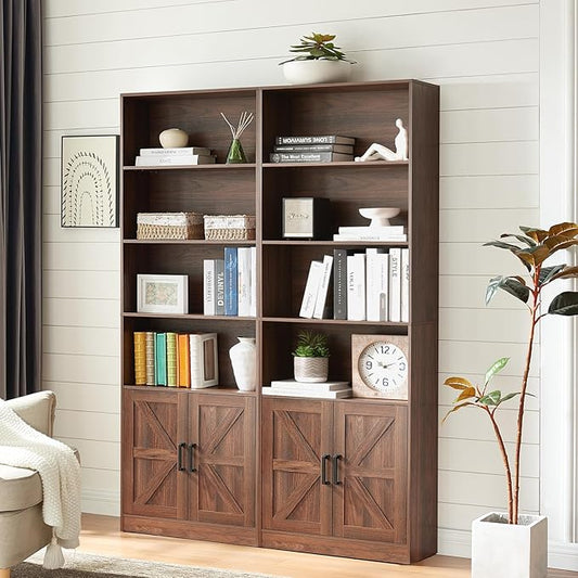70in Tall Bookshelf 6 Tier Bookcase with Barn Doors and Adjustable Shelf, Brown Farmhouse Book Shelves with Storage Cabinet,Wood Floor Standing Display Bookshelve for Bedroom,Living Room,Kitchen
