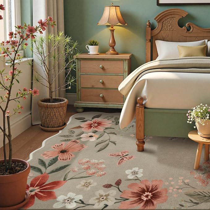 Lahome Floral Washable 6x9 Area Rugs, Soft Bedroom Rug for Living Room Ultra-Thin Non Slip Dining Room Rug, Stain Resistant Boho Rugs Easy Clean Throw Carpet for Office(6'x9',Brown)