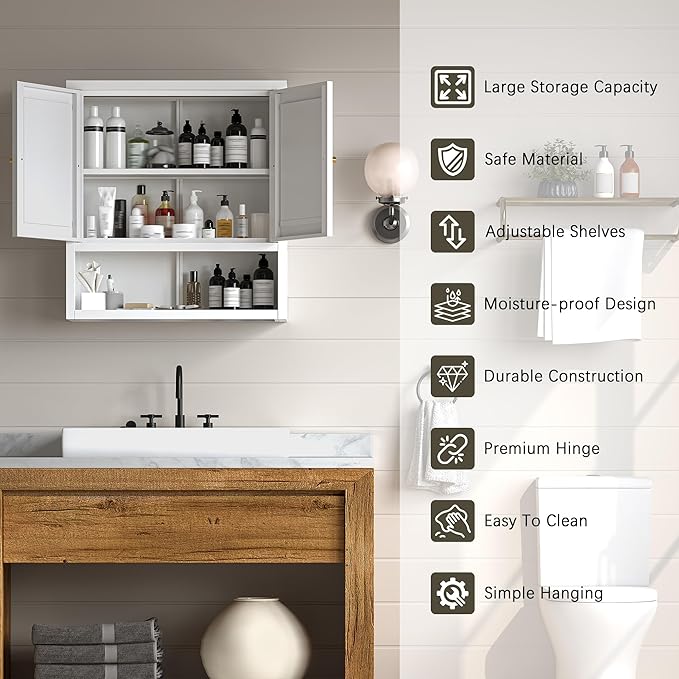 Metal Bathroom Wall Cabinet, Over The Toilet Storage Cabinets, White Wall Mounted Medicine Cabinets, Hanging Cabinet with 2 Doors & Adjustable Shelf for Kitchen, Laundry Room