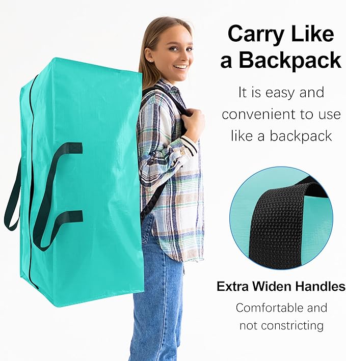 6 Pack Heavy Duty Large Moving Bags W/Backpack Straps - Strong Handles & Zippers, Storage Totes For Space Saving, Fold Flat, Alternative to Moving Box and Storage Bin, Aquamarine