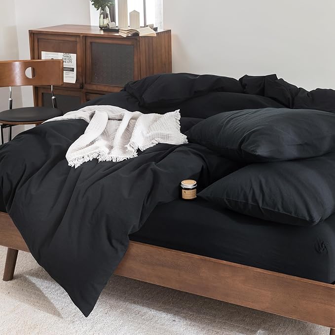 FOSSA Duvet Cover Set 100% Washed Cotton Linen Feel Super Soft Breathable Cozy 3 Pieces Bedding Sets Solid Black Full/Double