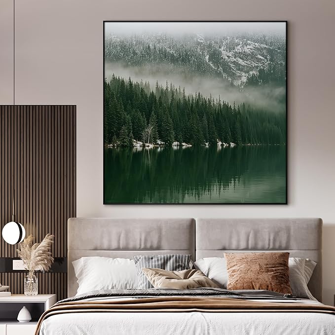 46"x46" XL Framed Wall Art - Misty Forest Landscape Green Pine Trees (Frame Assembly Required)