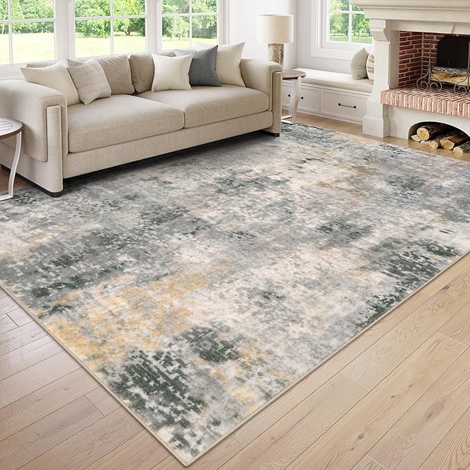 Lahome Modern Abstract 9x12 Area Rugs for Living Room, Washable Living Room Rug for Bedroom Low Pile Non Slip, Grey Soft Indoor Accent Carpet for Dining Room Table Apartment