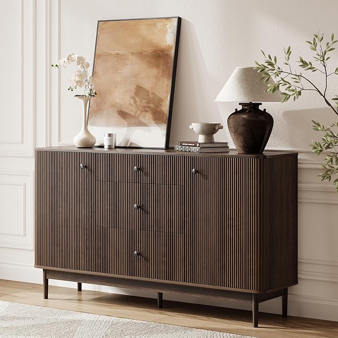 59" Sideboard Buffet Cabinet with Storage, Modern Fluted Accent Credenza with Charging Station, Wood Mid Century Buffet Table Coffee Bar Console Table with 3 Drawers & 2 Doors for Kitchen, Entryway