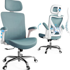 Office Home Ergonomic Desk Chair-Computer X-Shaped Chair Mesh PU Leather with Adjustable Lumbar Support-Executive Chair High Back with Headrest Flip-Up Arms for Long Hours (Sky Blue)