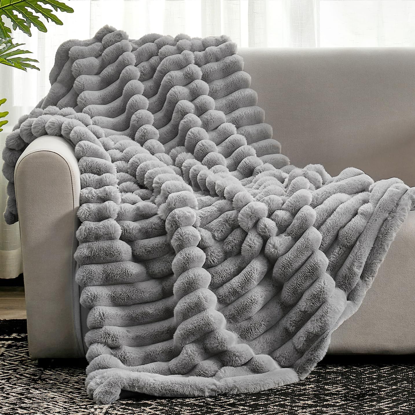 Cozy Bliss Faux Fur Throw Blanket for Couch, Cozy Warm Plush Striped Blanket for Sofa Bedroom Living Room, 50 * 60 Inches Sage Green Dormly