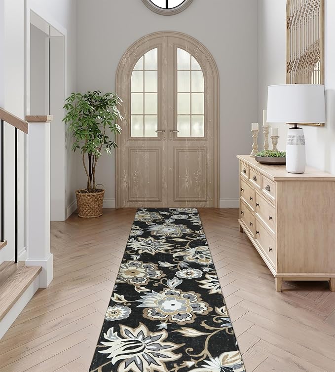 Lahome Floral Black Runner Rug - 2x8 Kitchen Runners Non Skid Washable 8 Ft Non-Slip Stain Resistant Long Runner Rugs for Hallway, Paisley Print Accent Ultra-Thin Runners for Bedroom Entryway Foyer