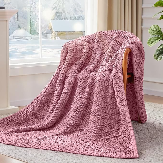 Knitted Weighted Blanket for Adult, Chunky Knit Weighted Throw for Sleep 50"*60" 10lbs, Cooling Breathable Heavy Blanket for Hot Sleepers, Machine Washable Blanket for Room Decor(Pink)