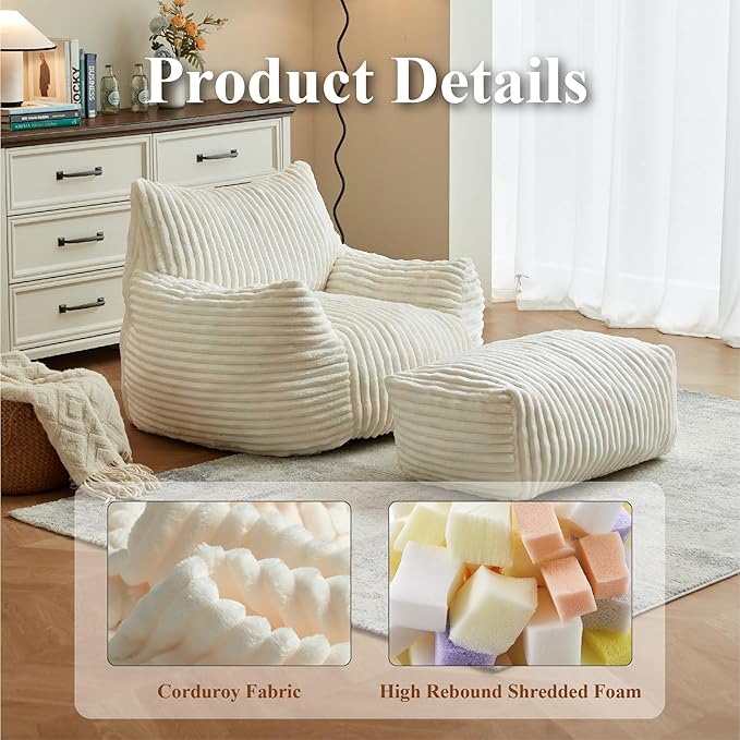 Premium Beige Bean Bag Chair for Adults with Armrest- Ultra Plush Memory Foam Lounge Sofa & Comfy Reading Nook Chair for Bedroom, Living Room & Dorm (White, Without Pedals)