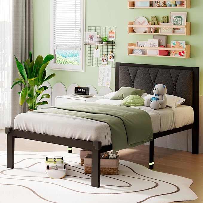 iPormis Twin Metal Bed Frame, Linen Platform Bed with Button Tufted Headboard, Heavy Duty Slats Support, 12" Under Bed Storage, No Box Spring Needed, Easy Assembly, Dark Gray