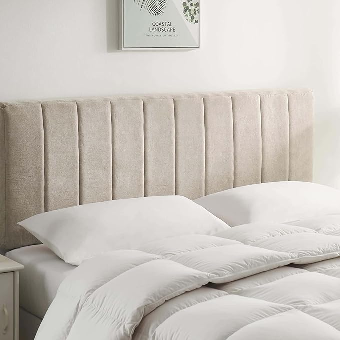 Hearth & Harbor Upholstered Queen Headboard - Easy Assemble Channel Stitched Headboard Queen Size - Wall Mounted Headboards with 3D Soundproof Wall Panels Peel & Stick Floating Headboards, Beige