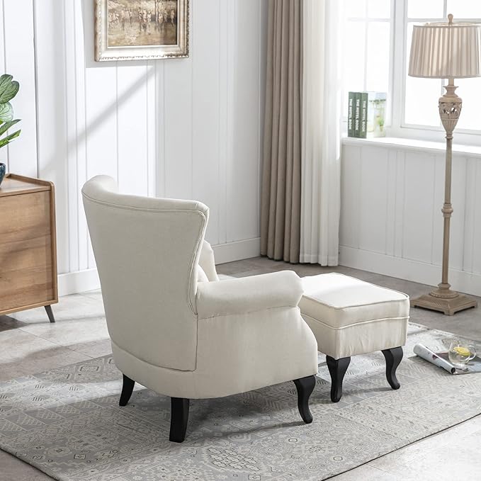 Accent Chair with Ottoman Modern Button Tufted Armchair Wingback Club Chair Linen Fabric Single Sofa Lounge Chair with Pillow for Living Room Bedroom, Beige