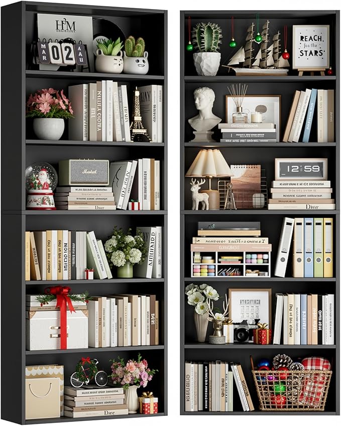 FOTOSOK 6-Tier Open Bookcase and Bookshelf Set of 2, Freestanding Display Storage Shelves Tall Bookcase for Bedroom, Living Room and Office, Black
