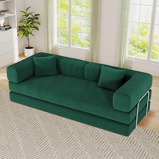 Antetek Convertible Futon Sofa Bed, 3-Seater Modern Corduroy Foam Floor King Size Bed Fold Out Sleeper Lounge Loveseat Sofa Couch with 2 Throw Pillows for Living Room Bedroom Guest Room, Turquoise