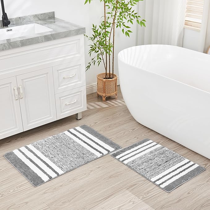 CozeCube Bath mats for Bathroom Non Slip, Fluffy Absorbent Microfiber Bath mat Washable, Aesthetic Bathroom Rugs, Cute Grey Striped Bath mat, Grey, 32" x 20"