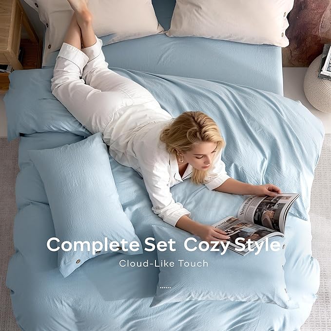 JELLYMONI 100% Washed Cotton Duvet Cover Full – Soft, Breathable Linen-Look Bedding with Natural Wrinkle Texture, Button Closure, 3-Piece Set (Mist Blue, 80"x90")