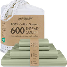 Threadmill 100% Cotton Sheets for Cal King Size Bed - 600 Thread Count Cal King Bed Sheets Set with 16” Deep Pocket - Damask Stripe Sateen Weave 4-Piece Bedding Set with Cooling Effect, Sage Green