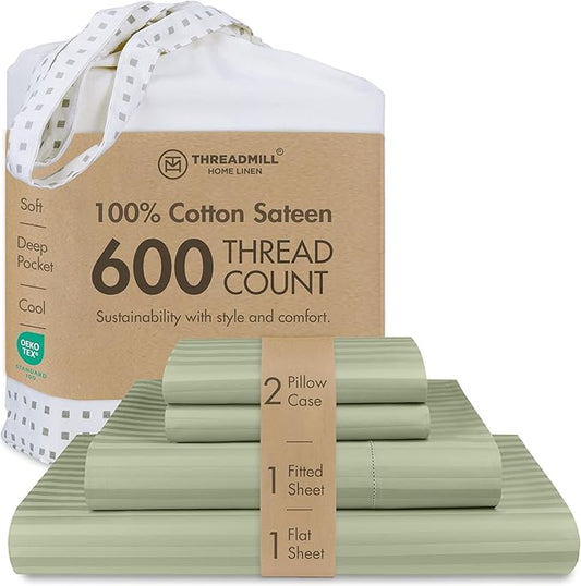 Threadmill 100% Cotton Sheets for Cal King Size Bed - 600 Thread Count Cal King Bed Sheets Set with 16” Deep Pocket - Damask Stripe Sateen Weave 4-Piece Bedding Set with Cooling Effect, Sage Green