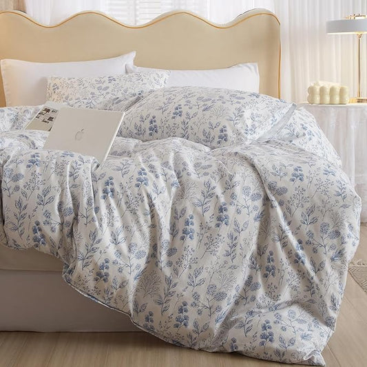 3 Pieces Duvet Cover Full Size Bedding White Duvet Cover with Blue Floral Print,Coquette Bedding Soft Cotton Comforter Cover Boho Style,Aesthetic Full Bedding Set with Zipper Closure 4 Ties,All Season