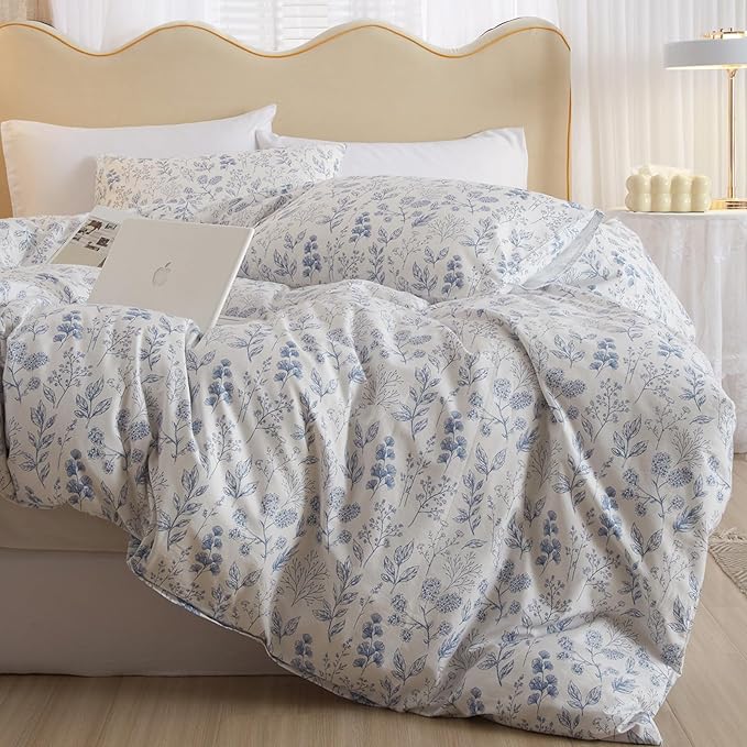 3 Pieces Duvet Cover Twin XL White Duvet Cover with Blue Floral Print,Coquette Bedding Soft Cotton Comforter Cover Boho Style,Aesthetic Twin XL Bedding Set with Zipper Closure 4 Ties,All Season