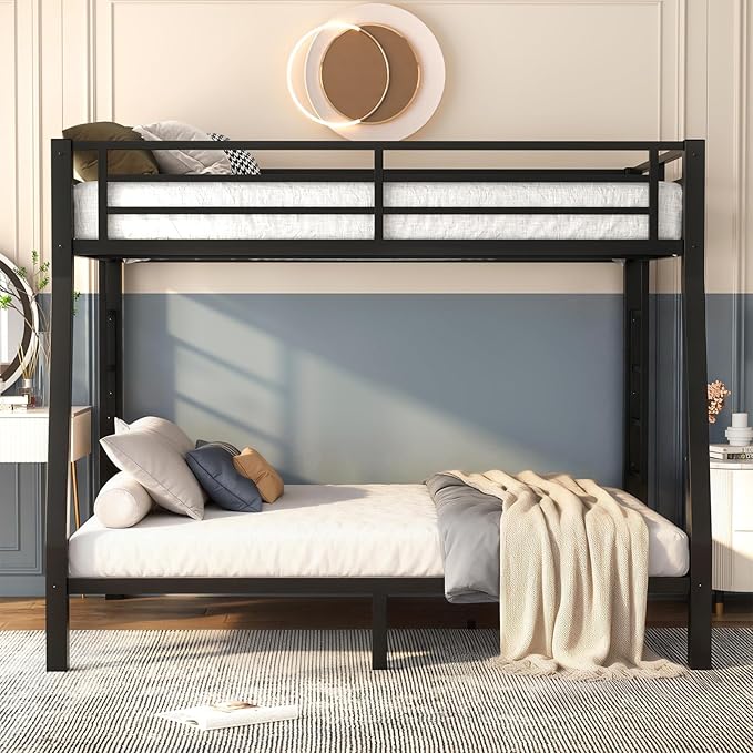 Full XL Over Queen Bunk Bed, Metal Bunk Bed Frame Heavy Duty Bunk Beds Loft Bed Frame with Ladder and Guardrail Metal Slats No Box Spring Required for Adults Teens, Black