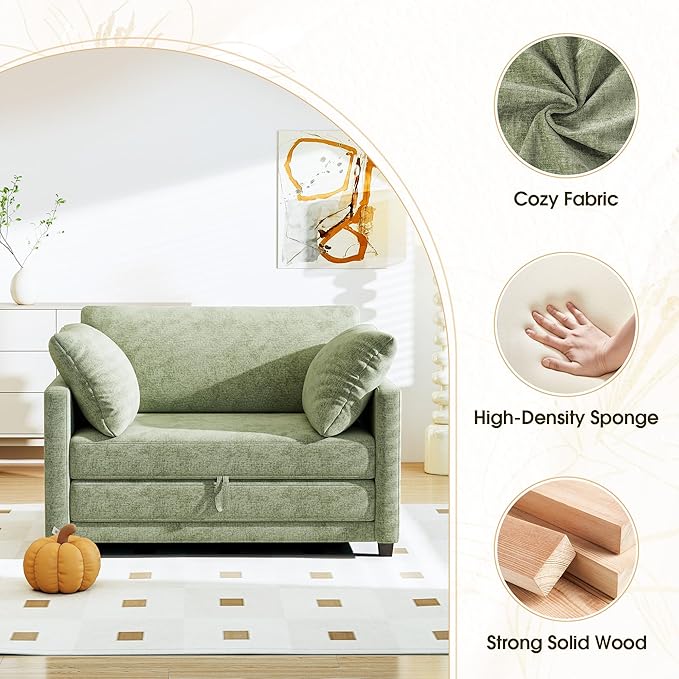 51" Convertible Loveseat Sofa Bed, 2-in-1 Folding Sofa Bed with 2 Pillow for Small Spaces, Modern Loveseat Compact Sleeper Couch for Apartment, Living Room & Guest Room (Light Green)