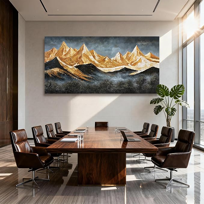 YETHEN WAL Extra-Wide Gold Mountain Wall Art – Oversized Panoramic Landscape Canvas, Textured Mountain Scenery for Living Room Bedroom Office, 29×58 Inch