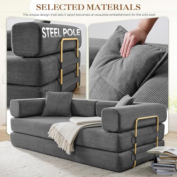 Antetek Convertible Futon Sofa Bed, 3-Seater Modern Corduroy Foam Floor King Size Bed Fold Out Sleeper Lounge Loveseat Sofa Couch with 2 Throw Pillows for Living Room Bedroom Guest Room, Dark Grey
