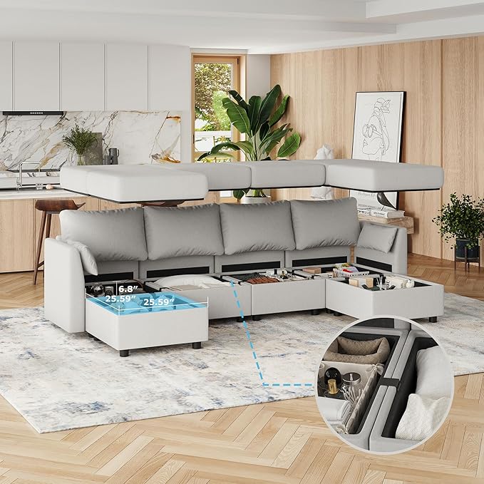 114.17" Modular Sectional Sofa, 6 Seat Modular Couch with Storage, Memory Foam, Convertible Sectional Couches for Living Room, U Shaped Comfy Modular Sofa with Chaise, Light Grey