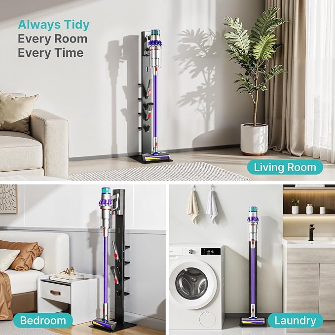 Vacuum Cleaner Stand, Compatible with Dyson Gen5 V15 V12 V11 V10 V9 V8 V7 V6, Floor Cordless Vacuums Attachment Holder with 4 Hooks and 4 Shelves, Metal Storage Bracket Organizer, Black