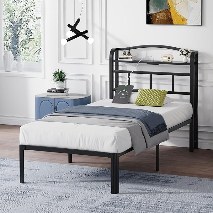 14 Inch Metal Bed Frame - Twin Size Black Heavy Duty Bedframe Platform Basic Mattress Foundation with Headboard & Charging Station No Box Spring Needed/Easy Assembly/Noise-Free