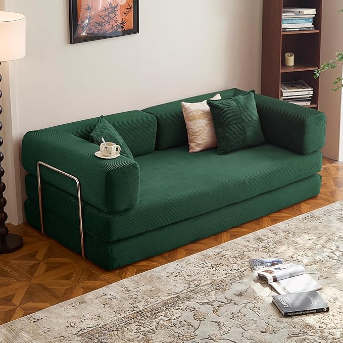 78.8" Convertible Sofa Bed -Compression Sofa with Corduroy Fabric - with Armrests and Backrest - Modular Sectional for Living Room, Bedroom, Studio - Compression Sofa in Box (Dark Green)