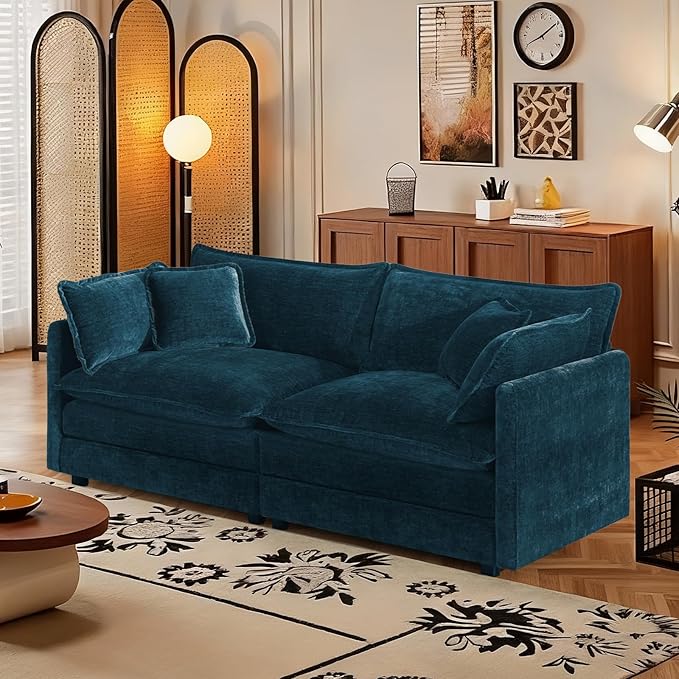 SoarFlash Chenille Sectional Sofa, Comfy Modular Loveseat Sofa, Modern 2-Seat Couch Deep Seat Sofa Set for Living Room,Deep Blue