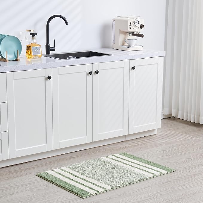 CozeCube Bath mats for Bathroom Non Slip, Fluffy Absorbent Microfiber Bath mat Washable, Aesthetic Bathroom Rugs, Cute Sage Green Striped Bath mat, Sage Green, 32" x 20"