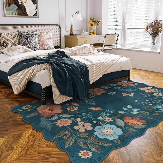 Lahome Floral Washable Area Rug, Ultra-Thin Soft Non-Slip Stain Resistant Lightweight Boho Rug for Living Room, Bedroom, Dining Room, Office (5x7ft, Navy Blue)